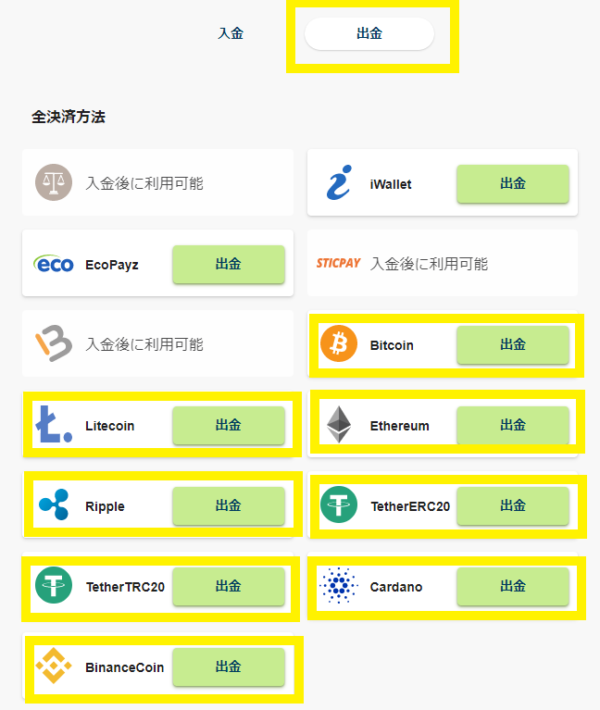 テッドベット 仮想通貨出金 選択画面